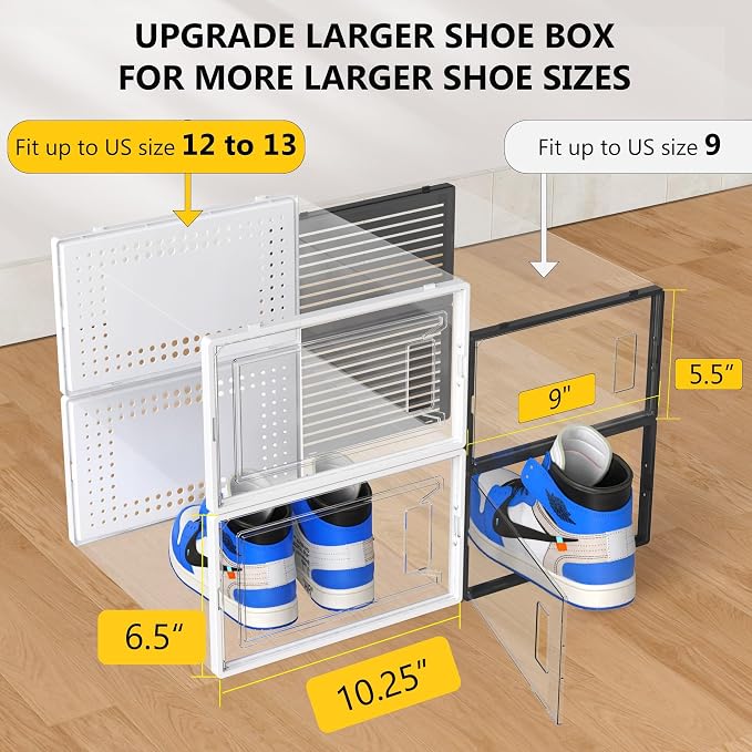 Snaxo 12 Pack XX-Large Clear Shoe Storage Boxes, Stackable Modular Plastic Shoe Organizer Front-Opening Door, Ventilated Dust-Proof Sneaker Display Case Closet, Entryway, White