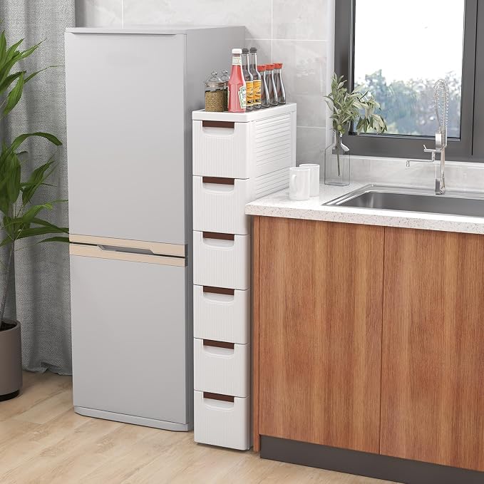 LOKO 6-Drawer Narrow Storage Cabinet, Slim Rolling Cart (7.5"x16.5"x43") | Mobile Plastic Cart Container | Pull Handles & Built-in Wheels | For Living Room, Kitchen, Bathroom, Office