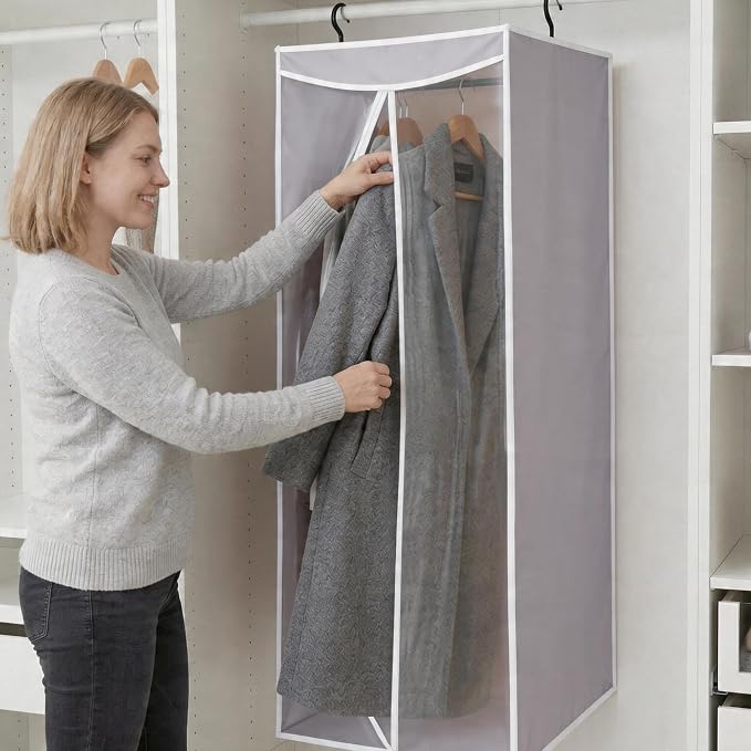 STORAGE MANIAC 57" Hanging Garment Bag Zipper Cover with Sealed Clear Window, Long Garment Cover for Closet Storage Wardrobe Clothes Protector, Large Garment Storage Bag for Dresses, Grey，2-Pack