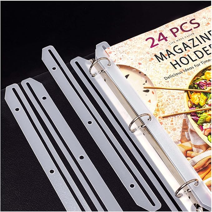 24Pcs 3 Hole Punched Magazine Holders, 3 Ring Binder Insert Strips, White | Punch-Free for Magazines, Magazine Organizer