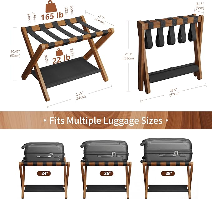 Heybly Luggage Rack for Guest Room, Folding Luggage Stand & Suitcase Holder, Suitcase Stand, Heavy Duty Wooden Luggage Rack with Double Shelf for Hotel & Bedroom, 5 Heavy Duty Straps, Walnut HLR012WB1