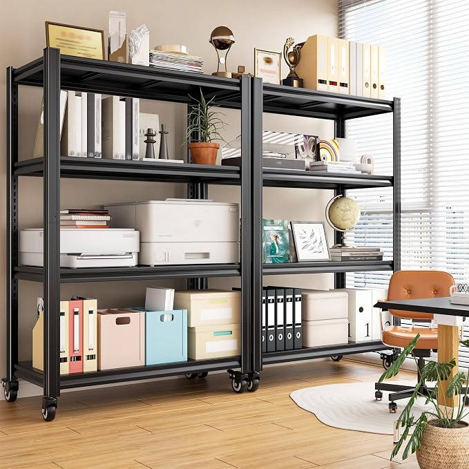 REIBII Rolling Storage Shelves Adjustable Shelf for Kitchen Office | 2080 LBS capacity,59.8" H x 31.5" W x 16.5" D,4 Tier,Black,Solid metal panels，360°wheels with lock,Boltless 10min assembly
