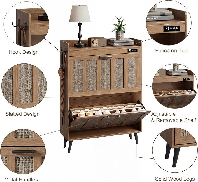 ChooChoo Shoe Storage Cabinet with 2 Flip Drawers, Deodorizing Shoe Organizer Storage for Entryway, Freestanding Hidden Slim Narrow Shoe Rack Cabinet, Rustic Oak