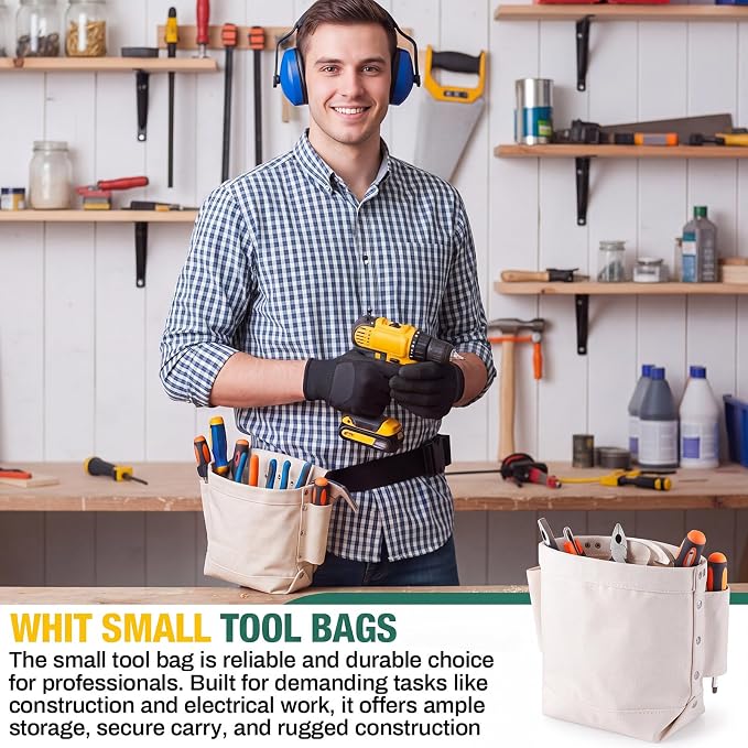 2 Pcs Tool Pouches 5" x 10" x 9", Small Tool Bags Tunnel Connection Utility Pouches for Nuts & Bolts, Double Reinforced Bottom with Belt Strap Connect & Bull Pin Loops for Outdoor Work