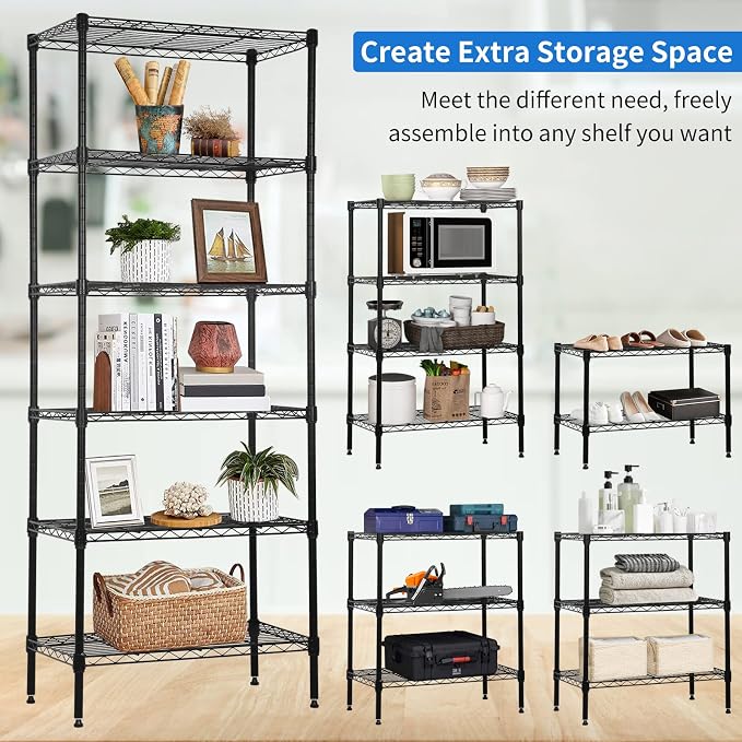 6-Tier Wire Shelving Unit Detachable Storage Shelves with 8 Adjustable Feet 59" H x 23" x 13" Kitchen Storage Rack Adjustable Metal Shelf for Pantry Closet, 900LB Capacity, Black