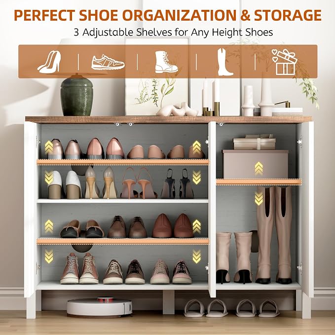 Vlsrka Shoe Cabinet with 3 Doors, Narrow Wooden Shoe Cabinet, Hidden Shoe Storage for Entryway, Foyer, Hallway (White AAA)