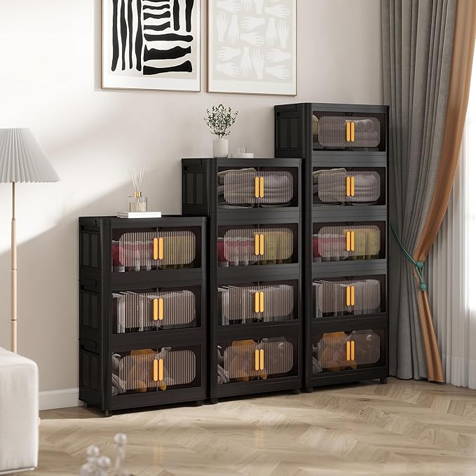 Foldable Storage Cabinet，Plastic Cabinet，Stackable Storage Bins， Open Front with Magnetic Door and Wheels(Black - 5Tiers)