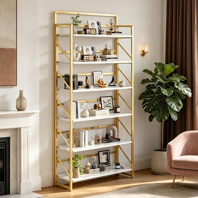 JSB 6 Tier No Assembly Folding Bookshelf, 30.3" Wide Foldable Storage Bookcase for Home Office, Space-Saving Storage Shelf for Living Room (White&Gold)