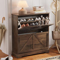 Semiocthome Farmhouse Shoe Storage Cabinet with 2 Flip Drawers, 31.5"(W) Freestanding Shoe Organizer with Barn Door and Metal Handles for Entryway, Corner Rustic Narrow Shoe Rack Cabinet - Walnut