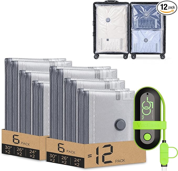 Vacbird Travel Vacuum Bags with USB Electric Pump, 12 Pack Vacuum Bags for Travel, Compression Vacuum Packing Bags for Luggage & Suitcase, Space Saving Travel Bags for Clothes and Clothing,Carry-On