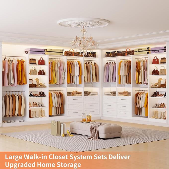 Closet System Set of 4, 8-21FT Closet System with 6 Drawers, 8 Shelves & 8 Hanging Rods, Custom Walk in Closet Organizer System Adjustable, Max 252“ Modular Closet Storage System Wood, White