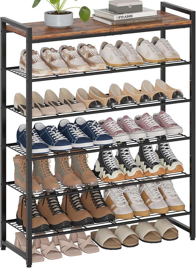 6 Tier Shoe Rack Organizer for 24-30 Pairs, Tall Metal Shoe Storage Shelf with Wood Top, Adjustable Boot Space, Narrow Design for Entryway Closet, Rustic Brown and Black
