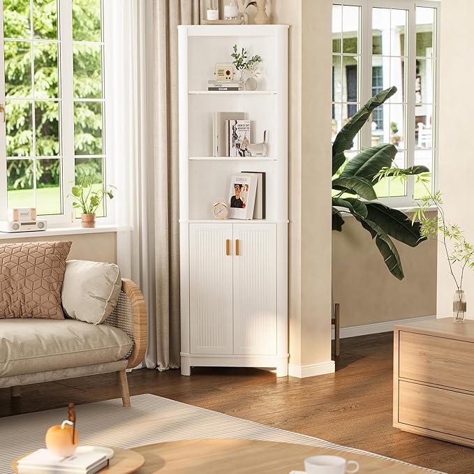 INNOD 69" Tall Corner Shelf with Doors, 6-Tier Corner Storage Cabinet with Doors, Space Saver Shelf for Bathroom, Bathroom Floor Cabinet for Living Room Kitchen, Hallway