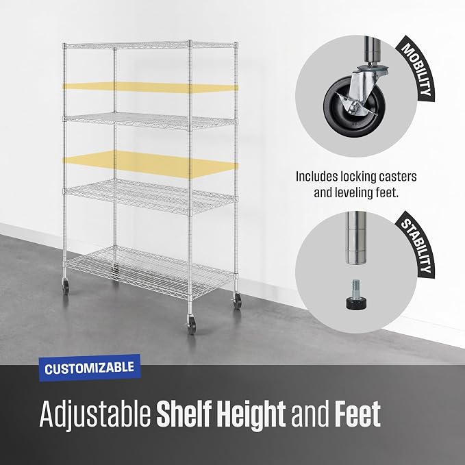 SafeRacks NSF Heavy Duty 4-Tier Steel Wire Rack w/Wheels (24"x48"x72")