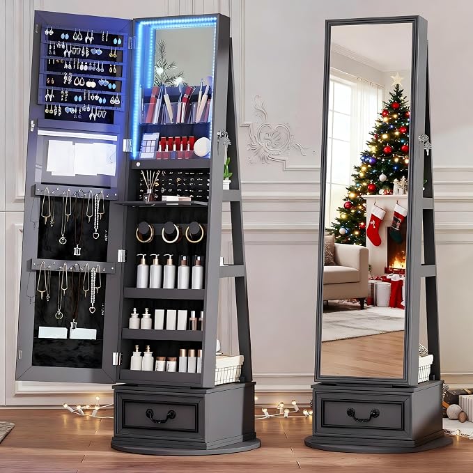 Vlsrka Mirror Jewelry Cabinet Standing with Lights, Lockable, Swivel, Grey | Standing Jewelry Armoire with Full Length Mirror, Large Jewelry Organizer Storage with Foldable Makeup Shelf, 3 LED Lights