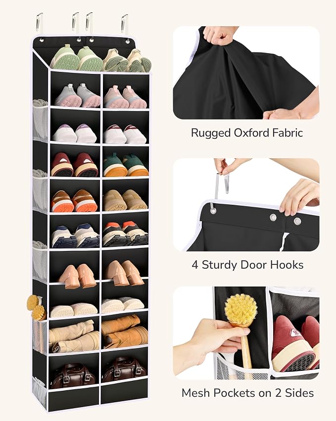ULG Over The Door Shoe Organizer for Closet Fit 24-32 Pairs with Large Deep Pockets, Narrow Shoe Rack for Door Hanging Boots Storage, Black