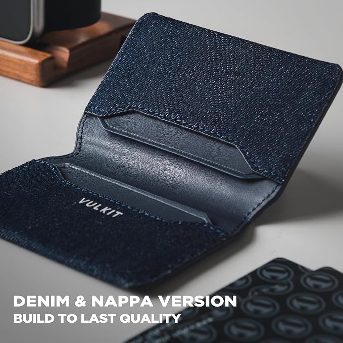 VULKIT Slim Minimalist Card Holder RFID Blocking Leather Credit Card Holder Front Pocket Wallet Magnetic Closure, Denim Blue