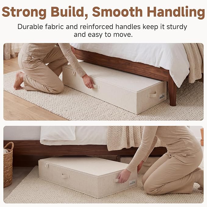 StorageWorks Underbed Storage Containers with Lids, 2-Pack 6.75" Low Profile Under Bed Organizers for Clothes, Bedding and Sweaters, 73L Large Fabric Storage Bins, Foldable Space Saving, Light Beige