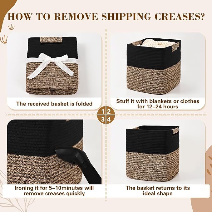 12 Inch Storage Cubes, 3 Pack Cube Storage Bins for Organizing, Cotton Rope Woven Baskets for Shelves, Bathroom, Kids Room, Closets, Baby Nursery
