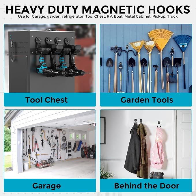 8Pcs Large Magnetic Hooks Heavy Duty, Strong Magnet Storage Hooks | Industrial Neodymium Magnet, Big Magnetic Utility Holder for Hanging Power Drill Garden Tools Garage Pegboard Workshop Broom