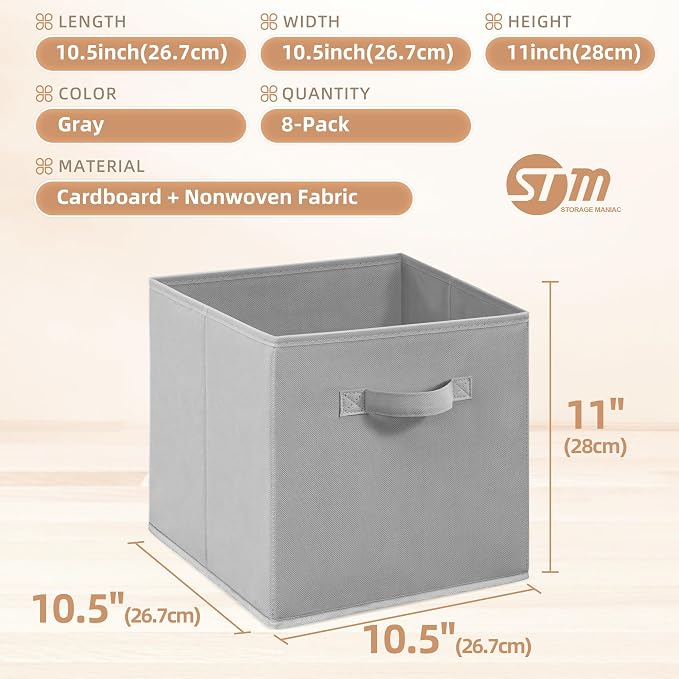STORAGE MANIAC Storage Cubes, 11 Inch Collapsible Storage Bins with Handles, 8 Pack Fabric Foldable Bins for Organization, Durable Storage Bins for Closet, Shelves, Offices, 8-Pack Grey