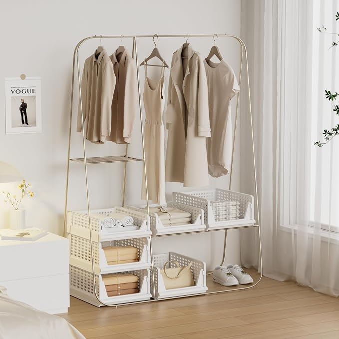 Proarea Stackable Closet Storage Bins, 5 Pack Closet Organizers and Storage, Open Front Plastic Shelf Baskets, Foldable Organizer Bins for Clothes, Towels and Linens, White