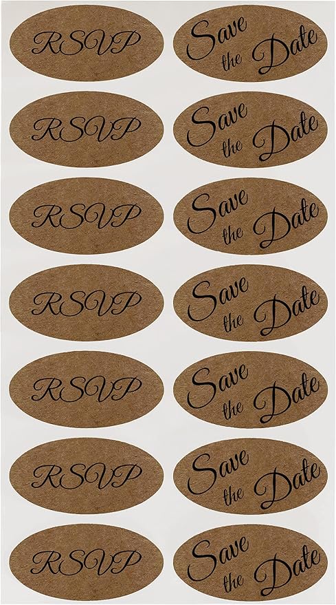 ChromaLabel 1 x 2 Inch Oval Kraft RSVP Save The Date Labels, 112 Pack | Kraft oval labels with RSVP and Save The Date designs for invitations, weddings and event mailings. Made in USA