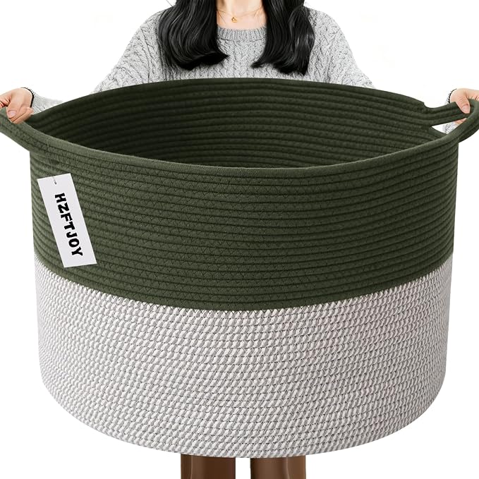 115L Extra Large Blanket Basket,Woven Rope Laundry Basket Hamper with Handles, Decorative Nursery Basket Storage Bin for Toys, Clothes Organizer, Living Room, Bedroom, Bathroom, Green&White