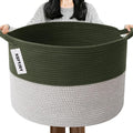 65L Large Blanket Basket,Woven Rope Laundry Basket Hamper with Handles,Decorative Nursery Basket Storage Bin for Toys, Pillows , Clothes Organizer, Living Room, Bedroom, Bathroom, Green&White
