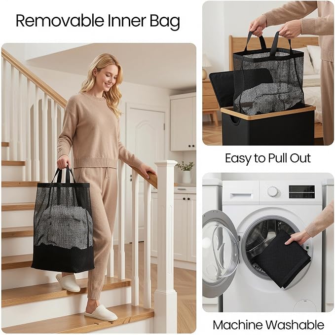 efluky Slim Laundry Basket with Lid, Narrow Laundry Hamper with Removable Bag, Skinny Dirty Clothes Basket with Bamboo Handles for Bathroom, Bedroom & Laundry Room, 65L Black