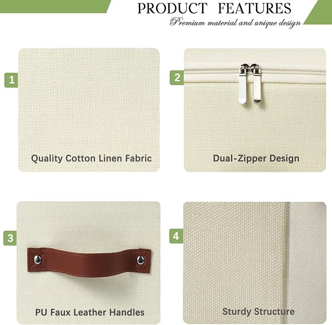3 Pack Storage Bins with Zipper Lid Fabric Lidded Storage Boxes Baskets Cubes Washable Collapsible PU Leather Handle Cotton Linen Fabric Shelf Closet Organizer Container(Beige, Small Size)