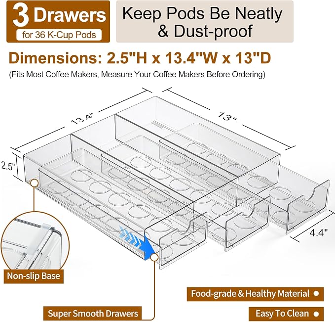 Clear Acrylic Coffee Pod Holder Organizer for K CUP, 36 Pods Storage for Kpods on Counter, Under Coffee Maker Countertop Drawer Organizer for KCUP, for Keurig Pod - Sturdy & Food Grade