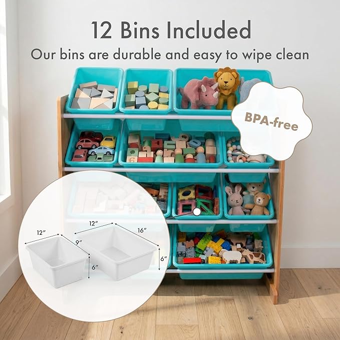 Humble Crew Toy Storage Organizer with 12 Removable Storage Bins for Kids Playroom, 4-Tier Toddler Toy Organization and Storage, Natural Wood/Aqua