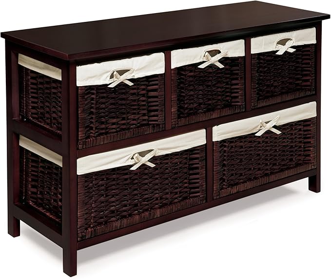 Badger Basket Five-Basket Storage Unit with Wicker Baskets and Washable Liners, Organizer for Toys, Clothes, and Household Items, Sturdy Wooden Frame - Espresso Finish