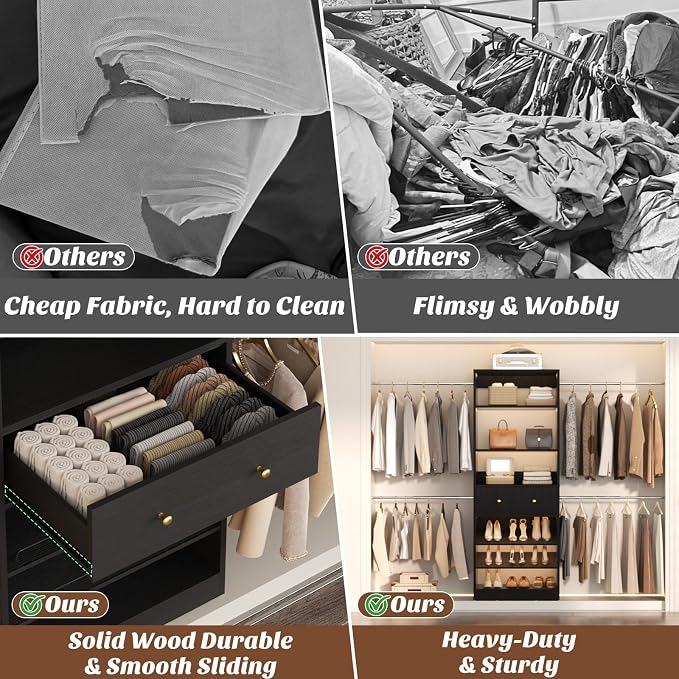 Armocity Wood Closet Organizer System with Sensing Light - 4FT-9FT Expandable Wardrobe Closet with Drawer & 4 Hanging Rods, Heavy Duty Walk-in Closet 1000Lbs for Bedroom Walk-in Closet, Black