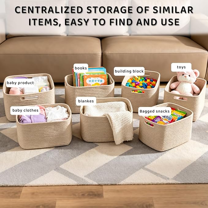 4 Pack Storage Baskets for Organizing, 11''Lx9''Wx8''H Woven Baskets for Storage Toys, Towels, Books, and Clothes, Cotton Rope Basket for Shelves with Handle White & Brown