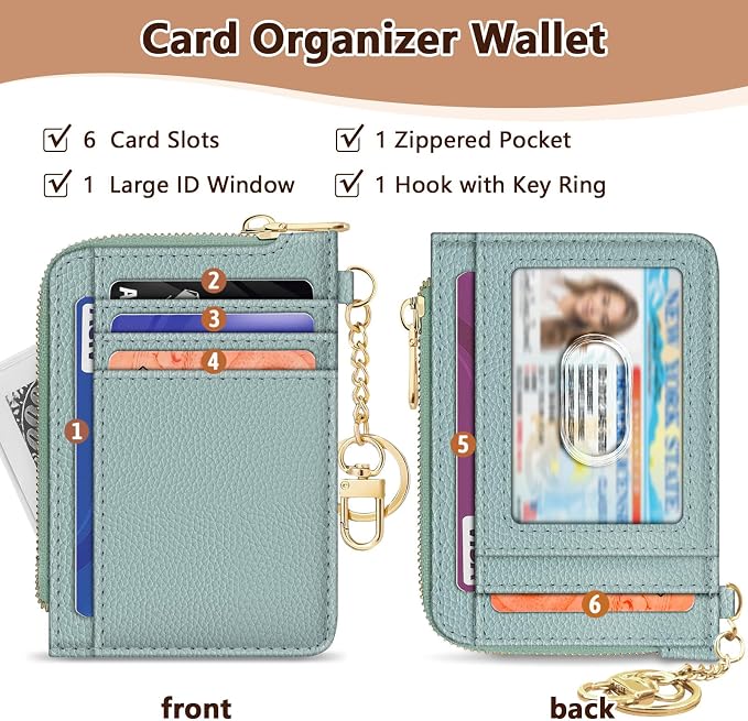 GIANCOMICS Slim Wallet Credit Card Holder Women, Light Green Rfid Blocking Small Card Case, Keychain Thin Pocket Curved Zipper Wallet, Travel Card Holder PU Leather ID Window, Ladies Female Gifts