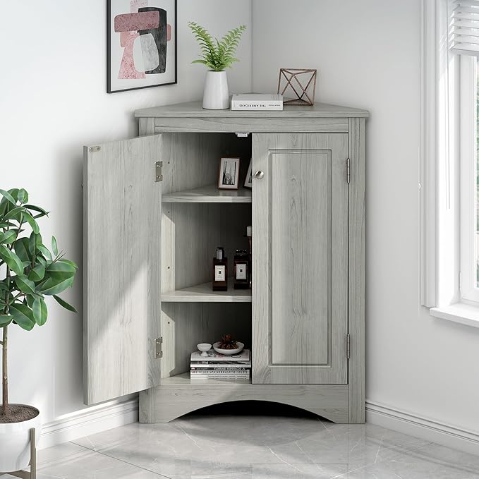 Corner Storage Cabinet with Adjustable Shelves, Triangle Bathroom & Kitchen Organizer, Freestanding Floor Cabinet for Toilet Kitchen Bathroom Cleaning Supplies (Oak)
