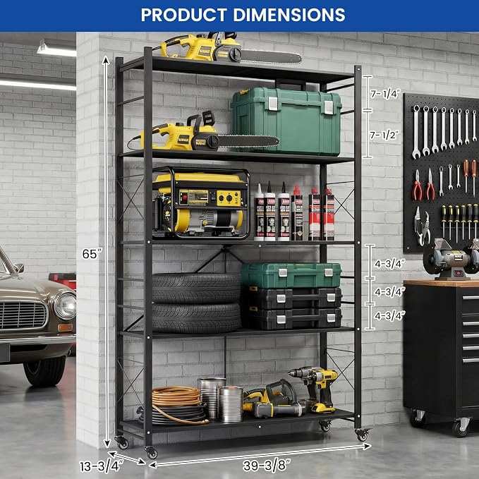 ALANNG 40" W Foldable 5-Tier Storage Shelves on Wheels Adjustable | Removable Metal Rack, Heavy Duty Rolling Organizer for Kitchen, Garage, Closet, Pantry, and Office (Black,3 Pack)