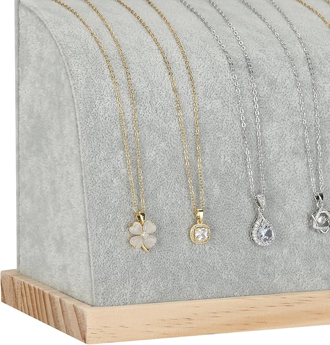KUKUVR Velvet Cambered Necklace Display Stand for Women, Wood Base Jewelry Holder Rack for Necklace Pendant Bracelet Chains, Necklaces Storage Organizer Showcase for Selling Vendors exhibition (Grey)