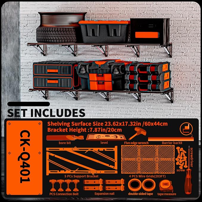 Heavy Duty Foldable Garage Storage Shelves Wall Mounted Metal Rack Unit Organizer with Removable Edge Barriers, Adjustable System for Corner Wall Use, 69.96 Inch Long 24.45 Inch Large