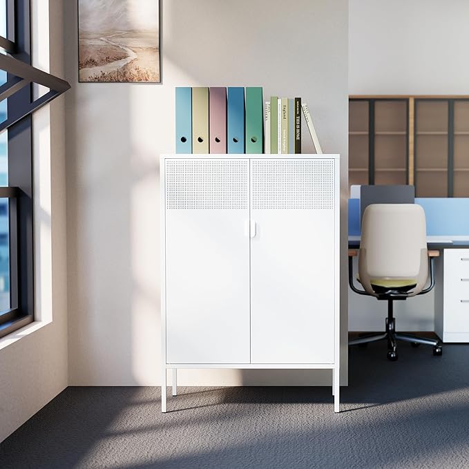 Washsemba 2 Mesh Door Metal Storage Cabinet with Adjustable Shelves, Multipurpose White Storage Cabinet, 3-Tier Office Cabinet,Metal Storage Cabinet for Office Home,Hallway (White, 47''H)