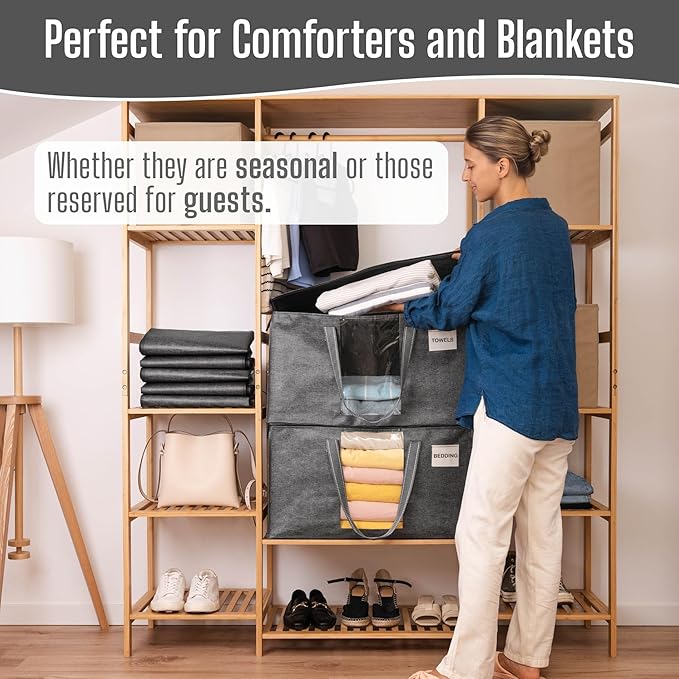 VENO 10 Pack Moving Bags, Comforter and Blanket Storage Bags for Closet, Moving Boxes, Boxes with Lids Alternative, College Dorm Packing Supplies, Foldable Heavy-Duty Tote with Window (Gray, 10 Pack)