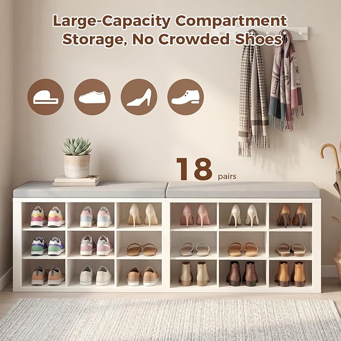 Shoe Rack Bench, Shoe Storage Bench with Cushion, Shoe Organizer 18 Cubbies for Entryway Hallway Bedroom Living Room, Holds Up to 400lbs