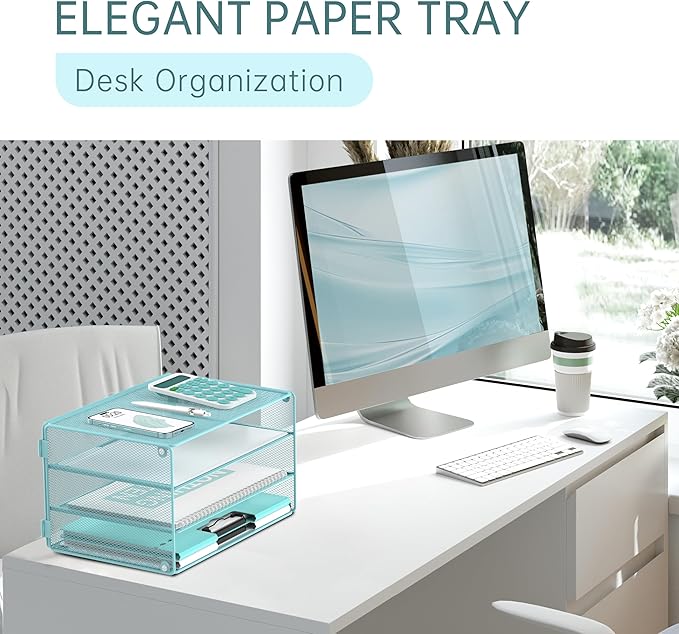 DALTACK 3 Tier Letter Tray Paper Organizer for Desk, Mesh Metal Desk File Organizer with Sliding Trays for Letter/A4 Paper, Mail, Bills & Folders, Light Blue