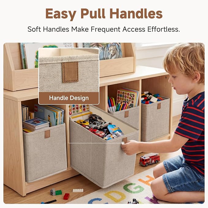 StorageWorks Fabric Storage Bins, Narrow Baskets for Storage, Small Baskets for Organizing with PU Handle, Suitable for Clothes, Books, and Toys, Brown and Beige, 4-Pack