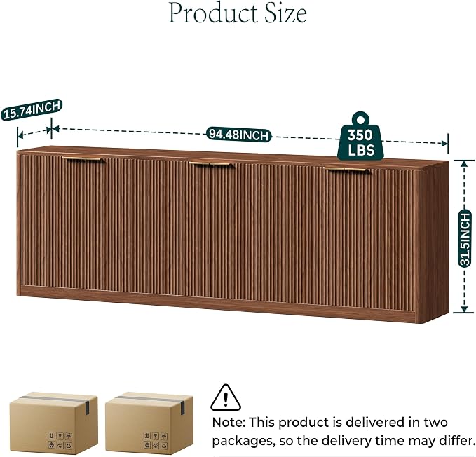 Evermagin 94.5" Fluted Walnut Buffet Cabinet with Storage | Mid-century modern wood sideboard, large credenza with 6 doors for kitchen or living room, 94.5"W x 31.5"H x 15.7"D