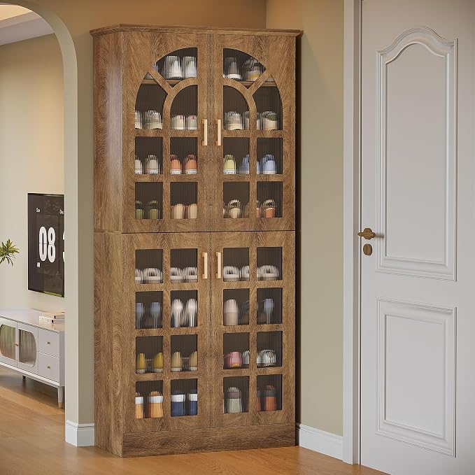 Tribesigns Tall Shoe Cabinet with Doors and Led Lights, 8-Tier Wooden Shoe Rack Organizer with Adjustable Shelves, Narrow Shoe Storage Cabinet for Entryway, Hallway, Living Room, Brown
