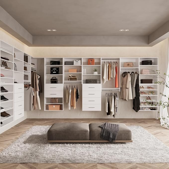 ROOMTEC Modular Closet System, 78" Wall-Mounted Closet Organizer with Hanging Rods, Modern Wooden Tower for Walk-In Closets, Wardrobe Storage Kit, White