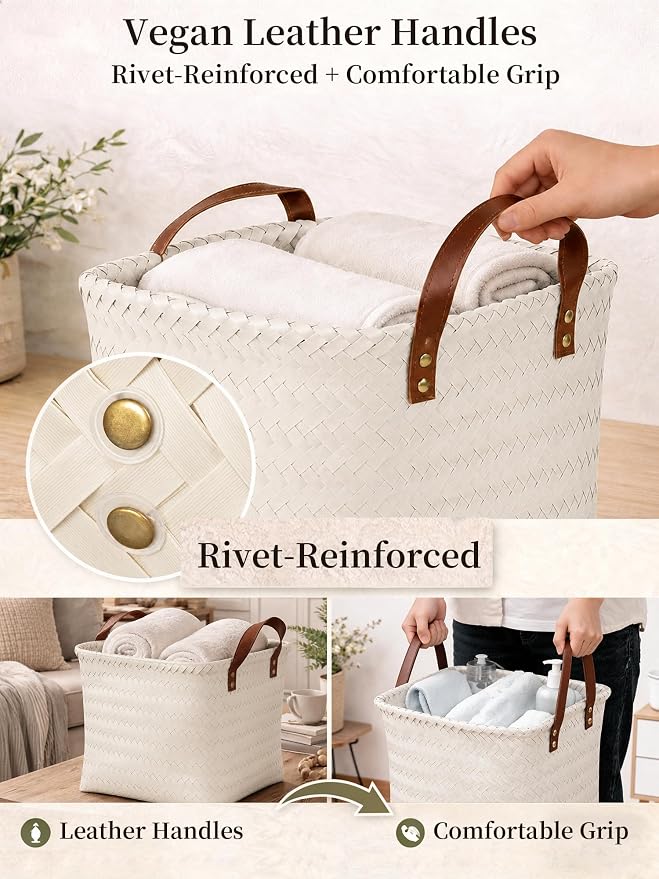 Hand Woven Baskets for Storage, 4Pcs Water-Resistant Wicker Baskets, White Wicker Storage Baskets for Shelves, Large Basket with Handle for Organizing, Clothes, Laundry, Blanket - Square